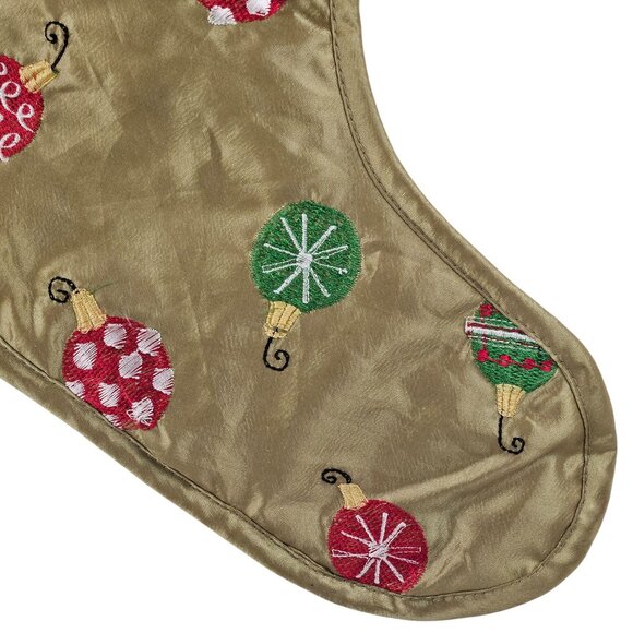 Embroidered Christmas Stocking Green Satin Ornament Design 20 in Vintage - Picture 3 of 10